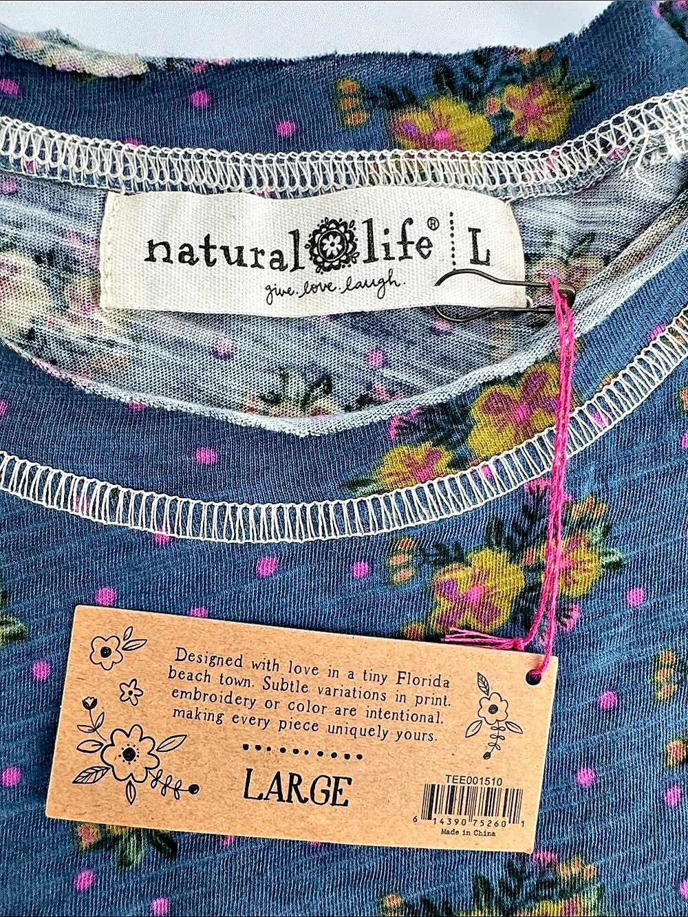 Natural Life Lily Cotton Short Sleeve Tee Shirt Floral Blue & Pink Large - Picture 3 of 8